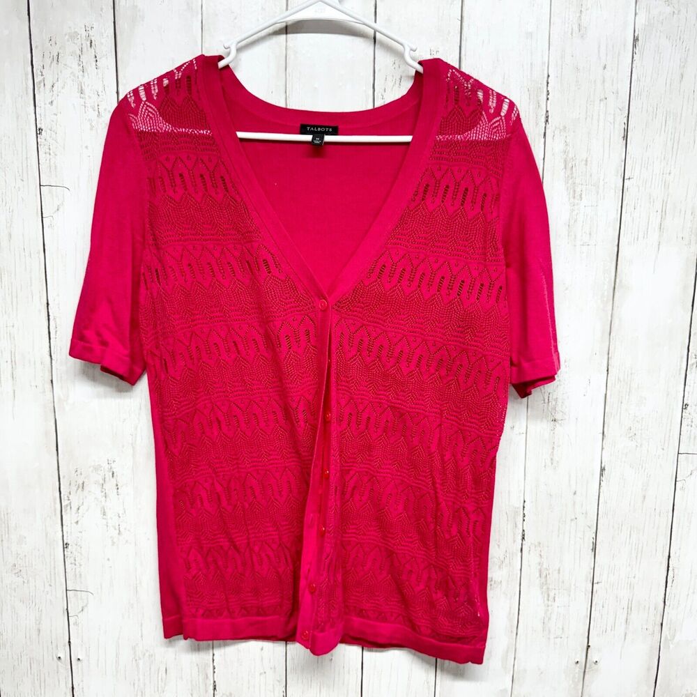 Talbots Shirt Women SzMedium Red Short Sleeve Textured V Neck Cotton Blend Top